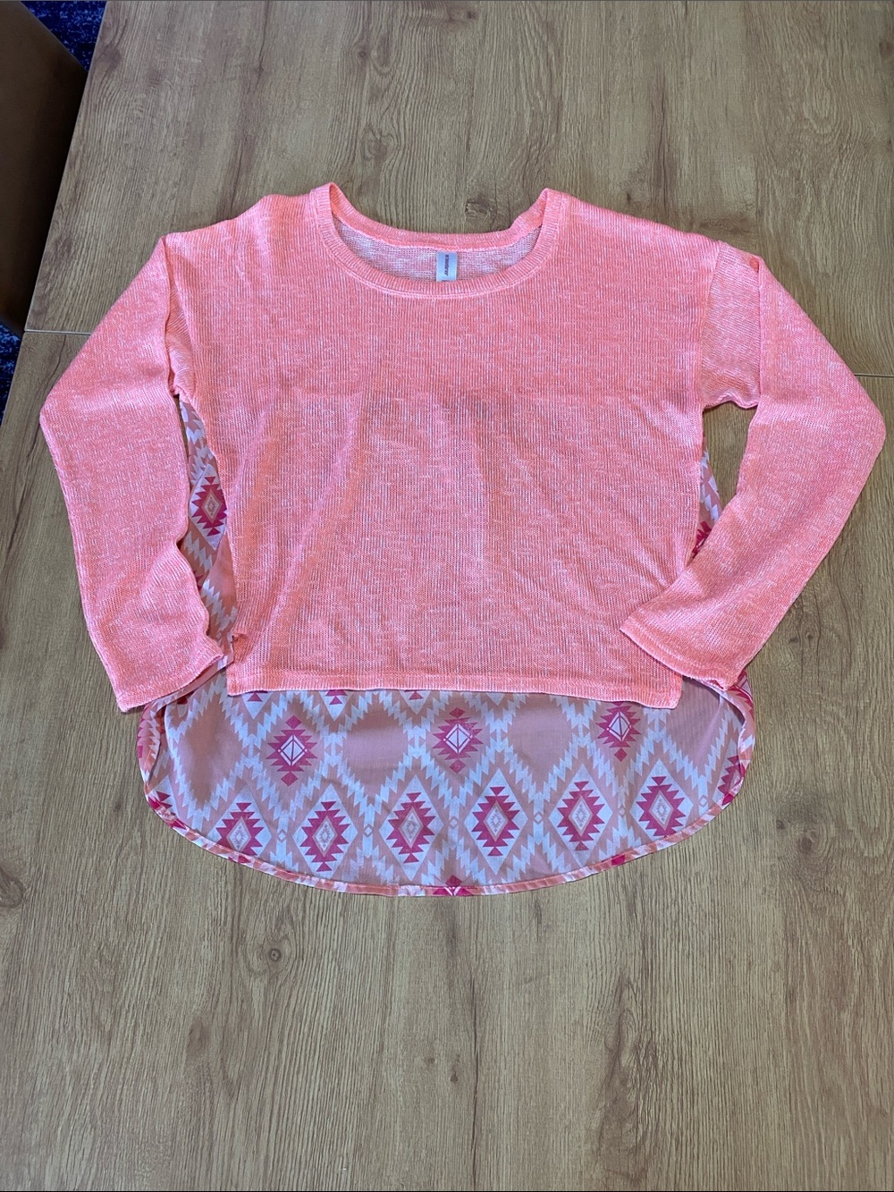 No Boundaries Coral Pullover Long Sleeve Top with Aztec Chiffon Hem